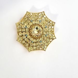 Vintage BSK Large Yellow Rhinestone Faux Turquoise Spiderweb Estate Brooch Pin